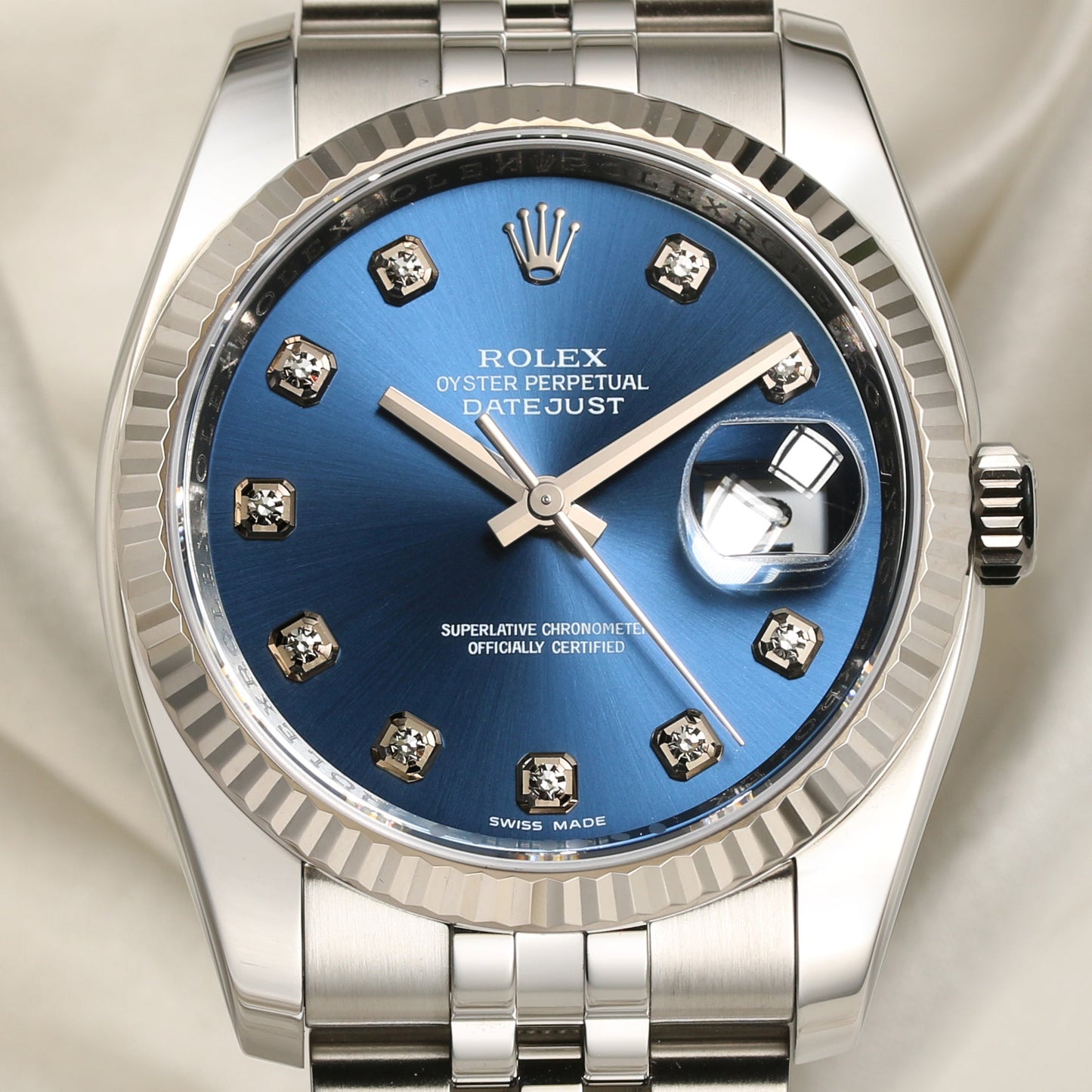 Unworn 2021 Rolex DateJust 126234 Blue Diamond Dial Stainless Steel & 18k White Gold Bezel