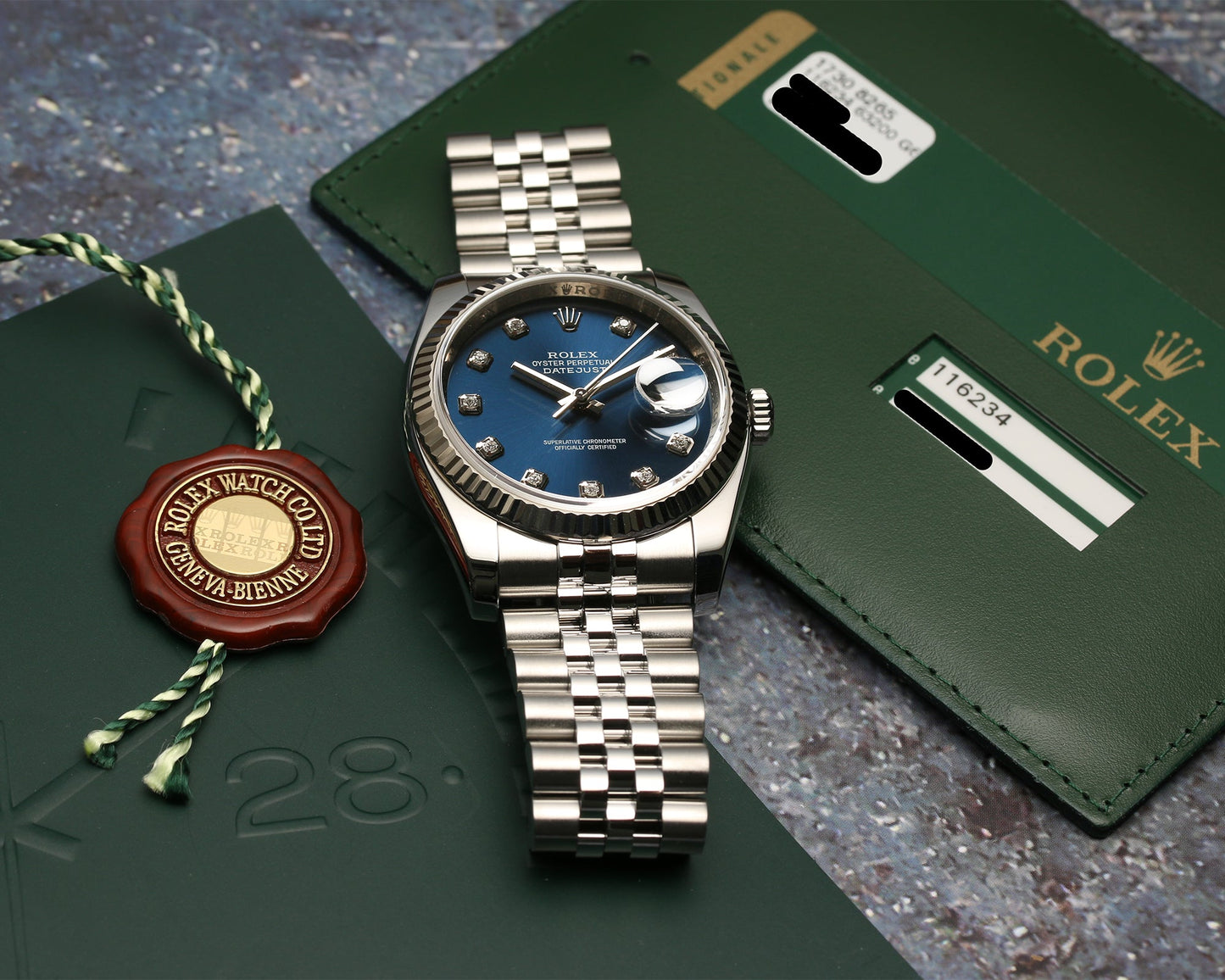 Unworn 2021 Rolex DateJust 126234 Blue Diamond Dial Stainless Steel & 18k White Gold Bezel