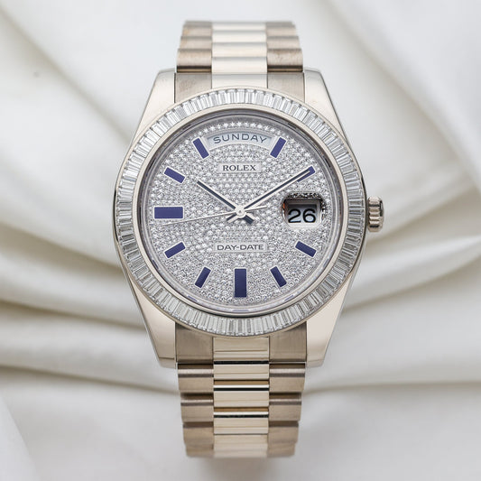 Unworn Rolex Day-Date 18k White Gold | Baguette Bezel | Pave dial & Blue Enamel | REF. 218399BR