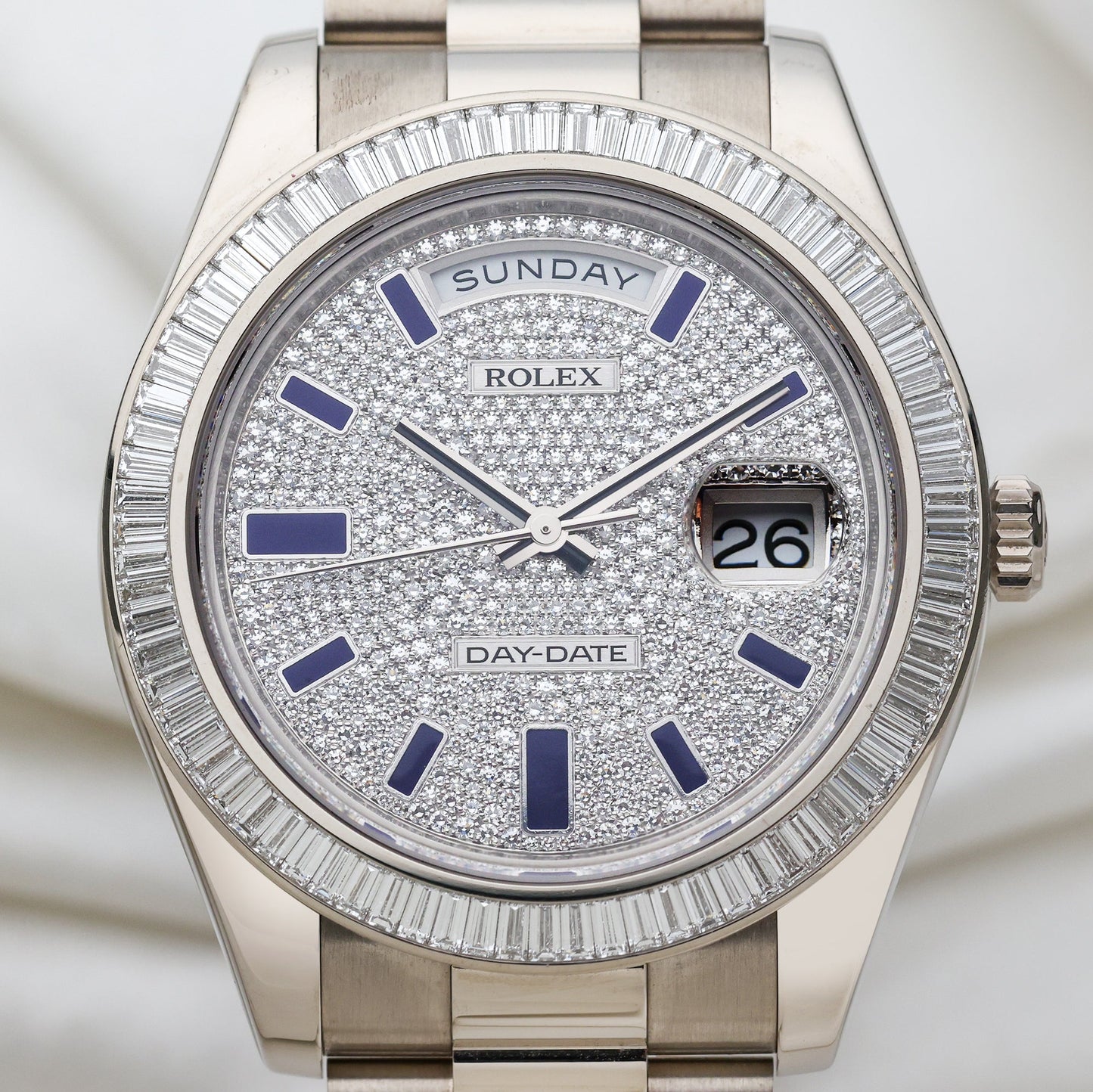 Unworn Rolex Day-Date 18k White Gold | Baguette Bezel | Pave dial & Blue Enamel | REF. 218399BR