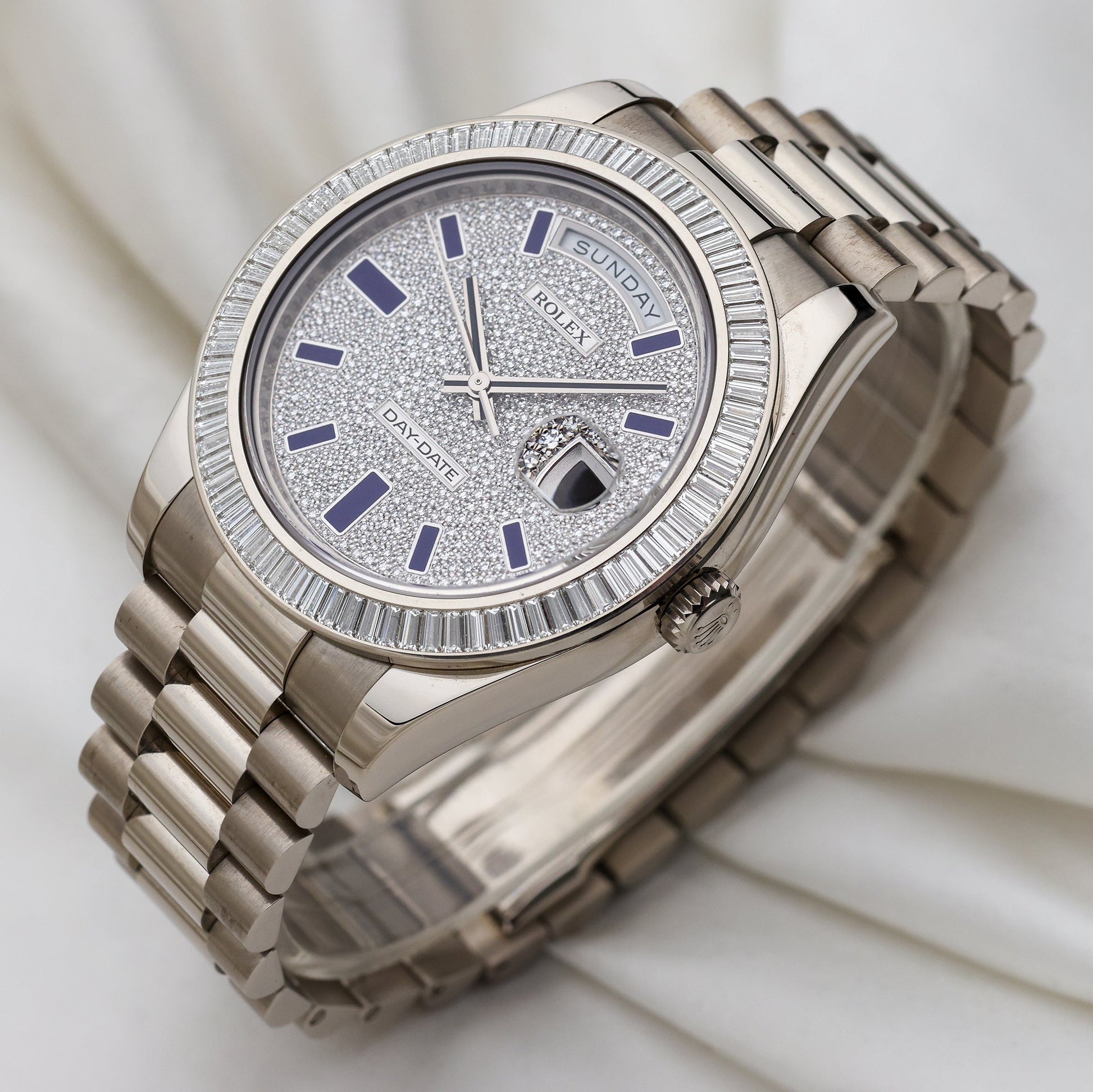 Unworn Rolex Day-Date 18k White Gold | Baguette Bezel | Pave dial & Blue Enamel | REF. 218399BR