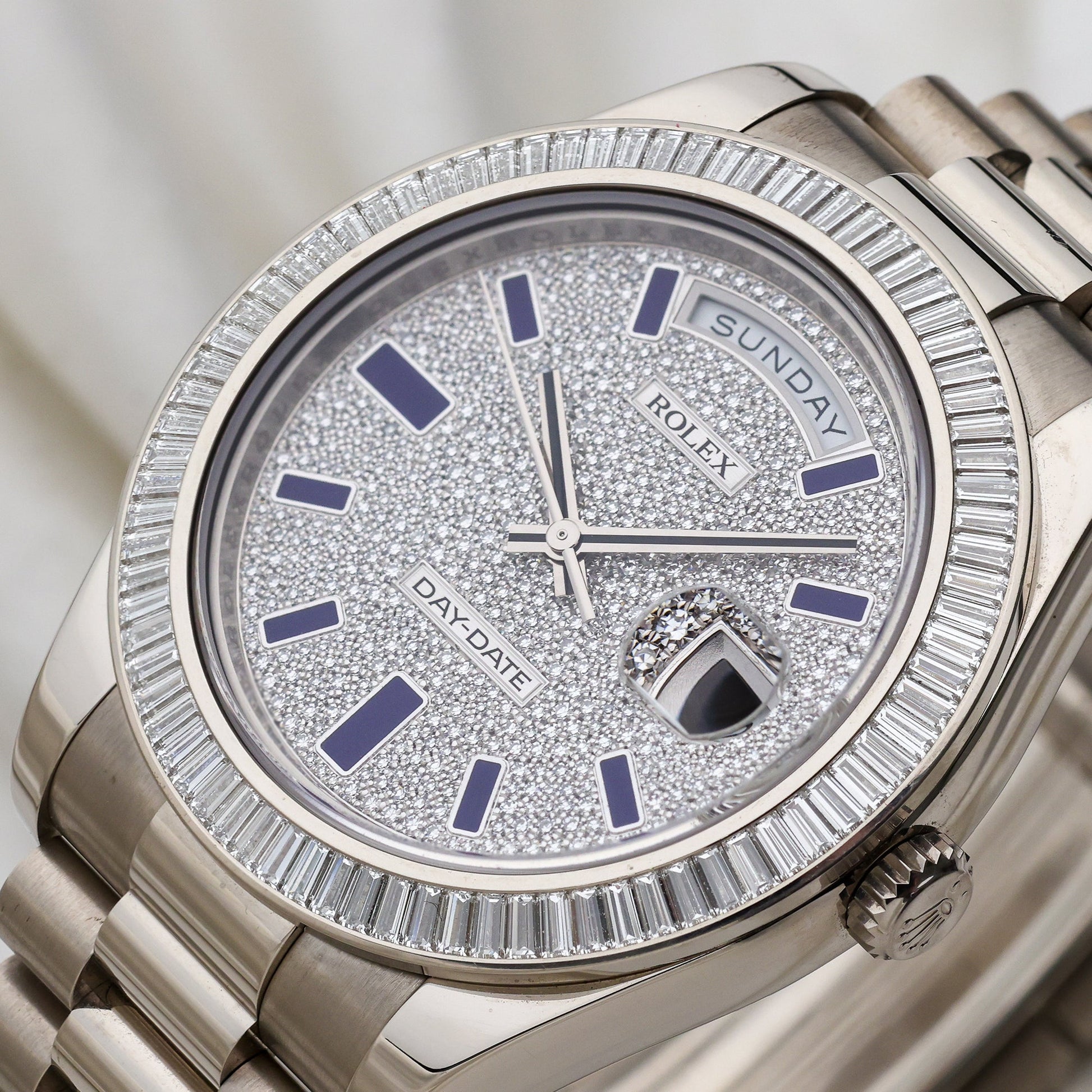 Unworn Rolex Day-Date 18k White Gold | Baguette Bezel | Pave dial & Blue Enamel | REF. 218399BR