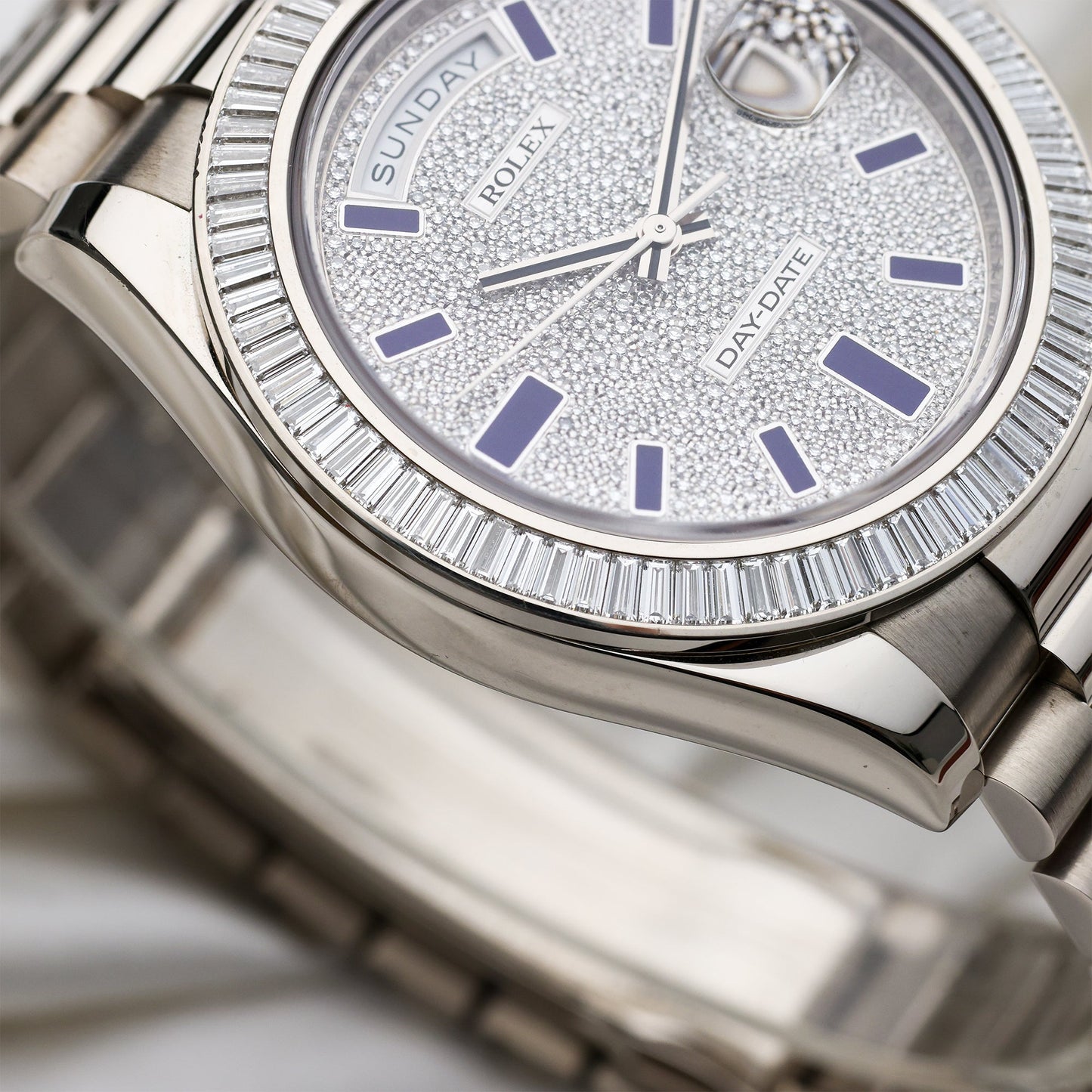 Unworn Rolex Day-Date 18k White Gold | Baguette Bezel | Pave dial & Blue Enamel | REF. 218399BR