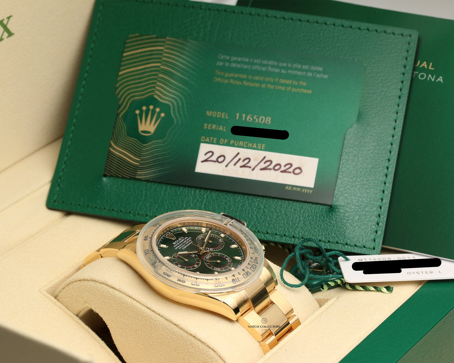 Unworn Full-Set Rolex Daytona 116508 18k Yellow Gold Green Dial