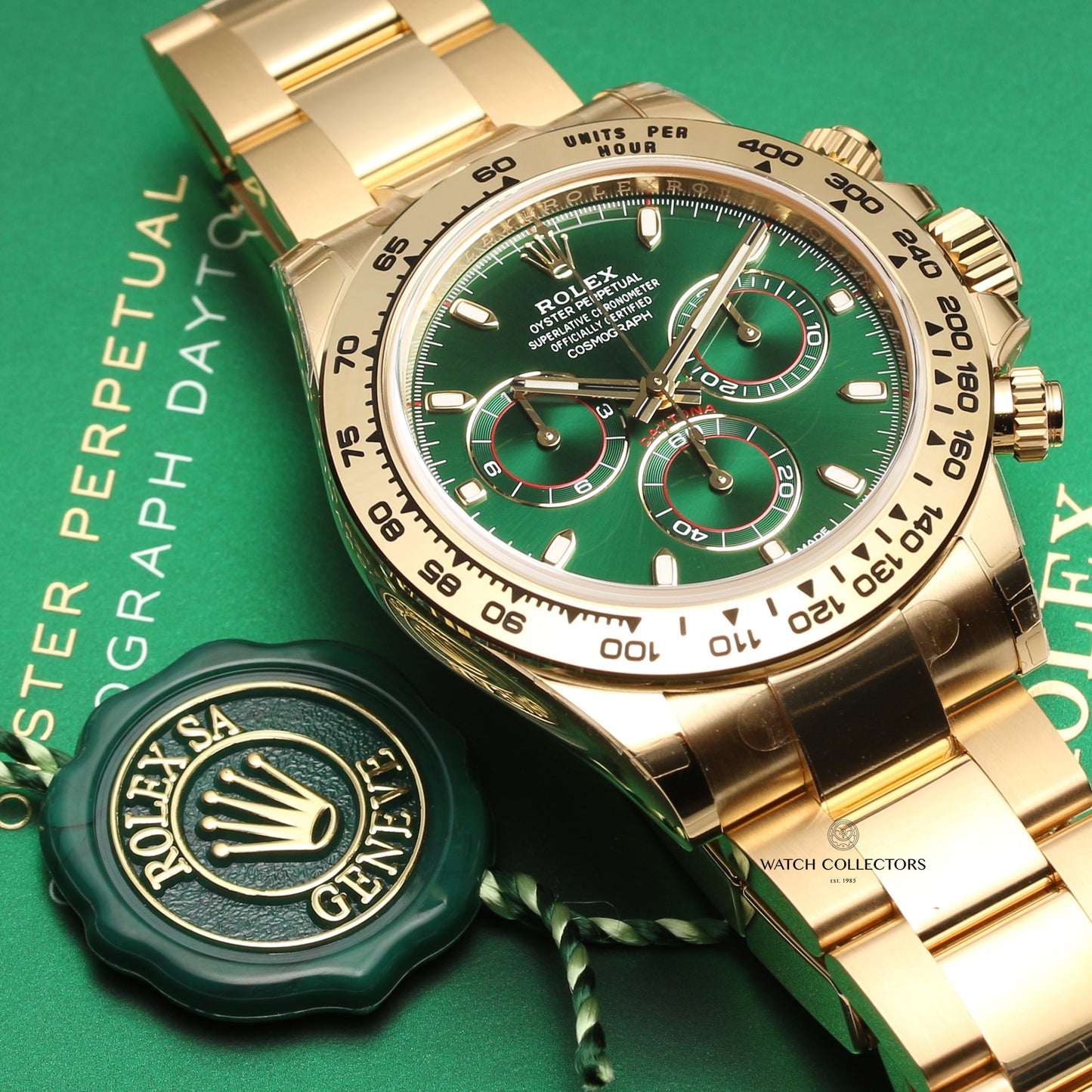 Unworn Full-Set Rolex Daytona 116508 18k Yellow Gold Green Dial