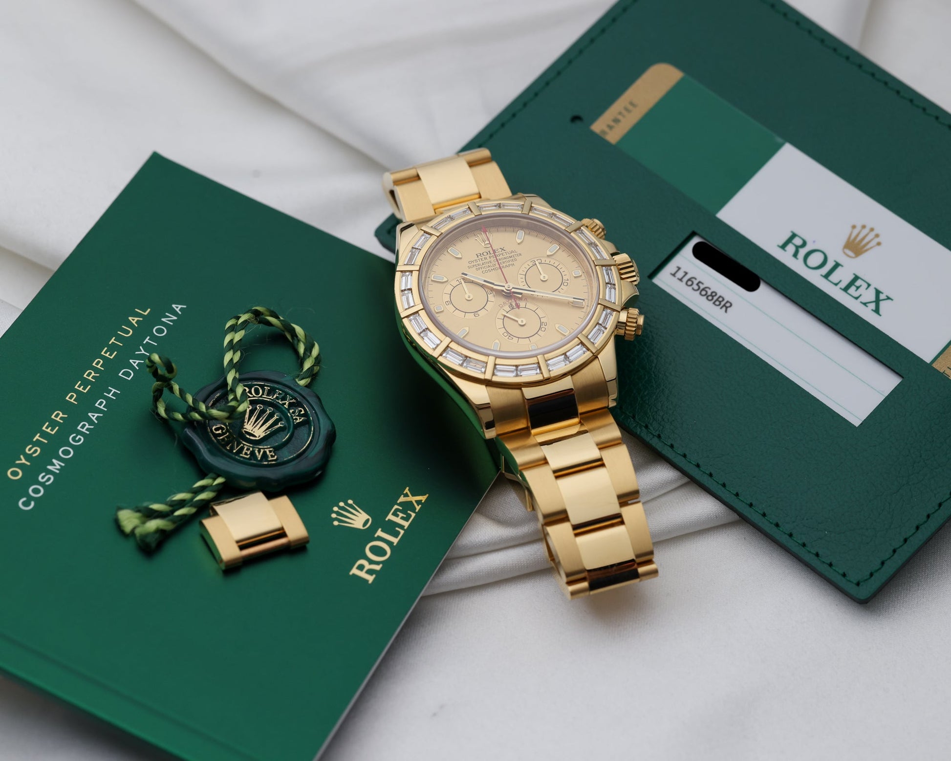 Unworn Rolex Daytona 116568BR | Baguette Diamond Bezel | 18k Yellow Gold