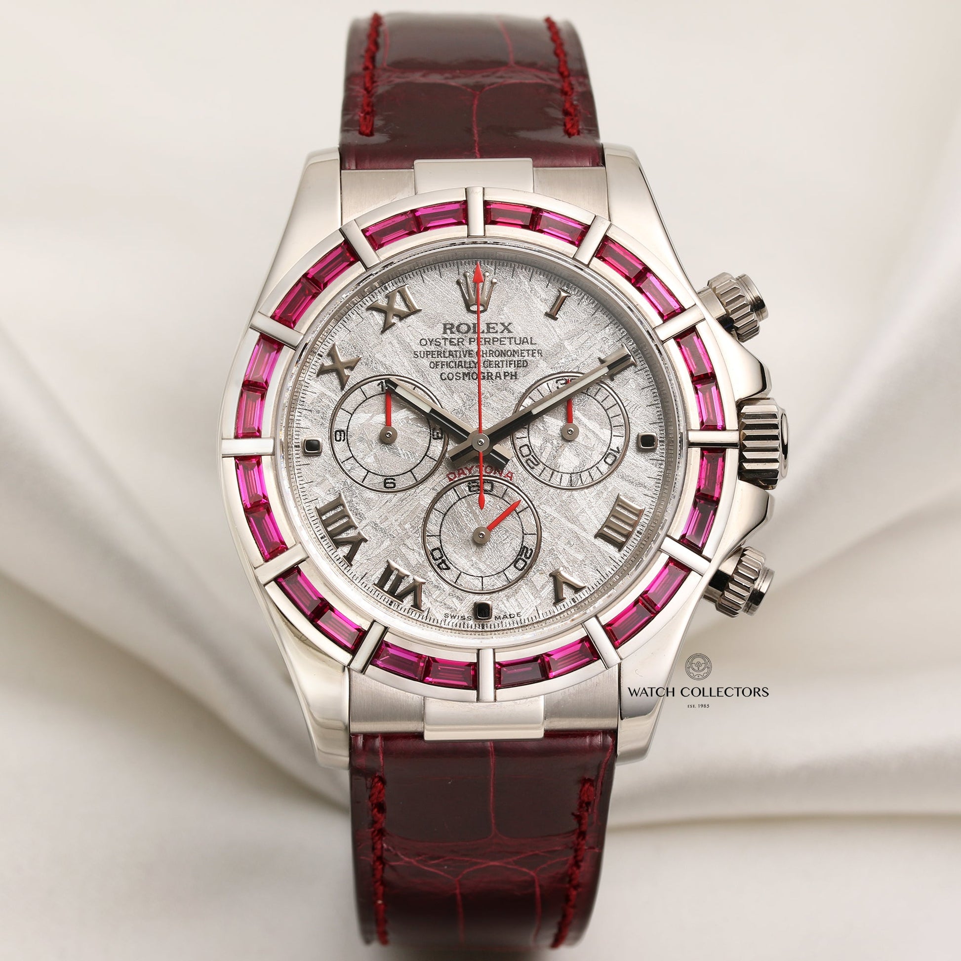 Unworn Rare Rolex Daytona 116589-SALV 18k White Gold Ruby Baguettes & Meteorite dial