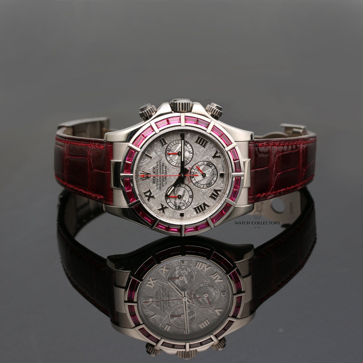 Unworn Rare Rolex Daytona 116589-SALV 18k White Gold Ruby Baguettes & Meteorite dial