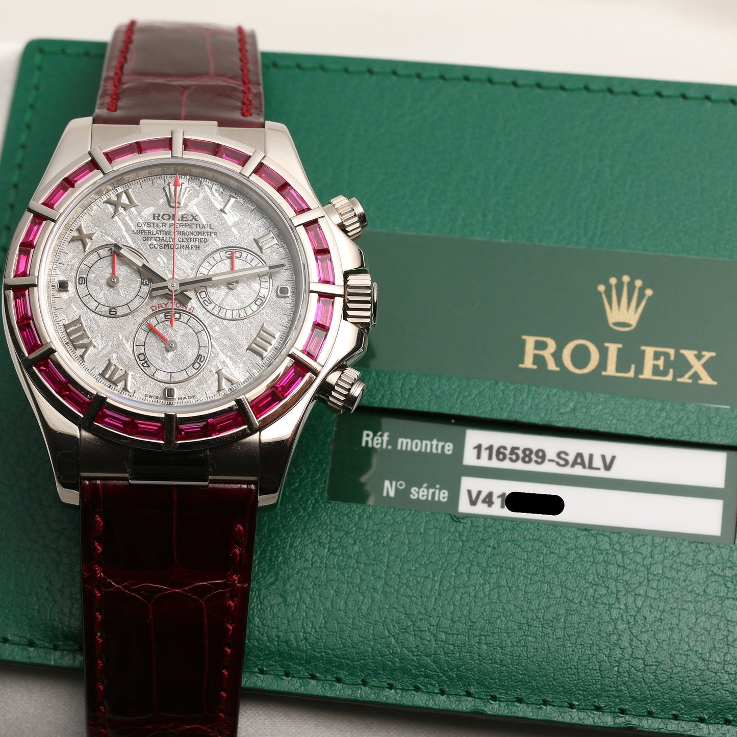 Unworn Rare Rolex Daytona 116589-SALV 18k White Gold Ruby Baguettes & Meteorite dial