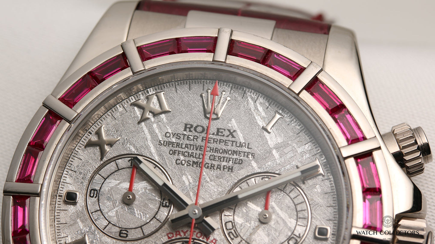 Unworn Rare Rolex Daytona 116589-SALV 18k White Gold Ruby Baguettes & Meteorite dial