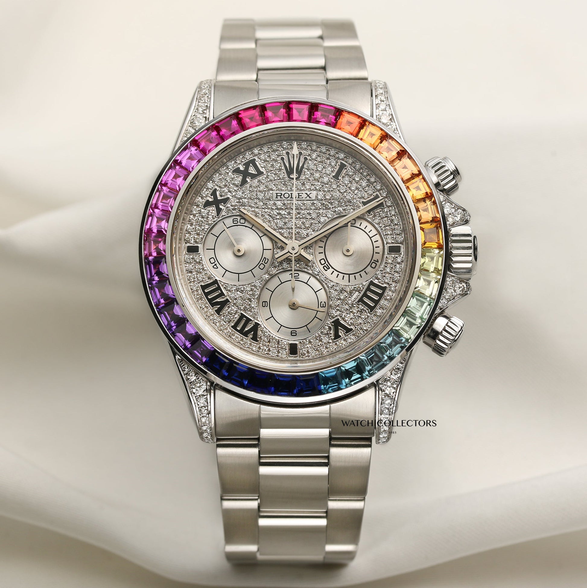 Rolex Zenith Daytona 16520 Stainless Steel with a custom Rainbow Bezel & Pave Diamond Dial & Shoulders