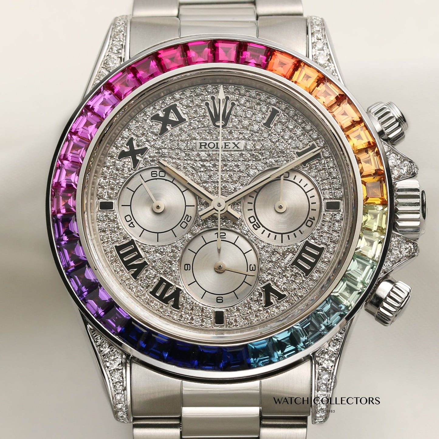 Rolex Zenith Daytona 16520 Stainless Steel with a custom Rainbow Bezel & Pave Diamond Dial & Shoulders