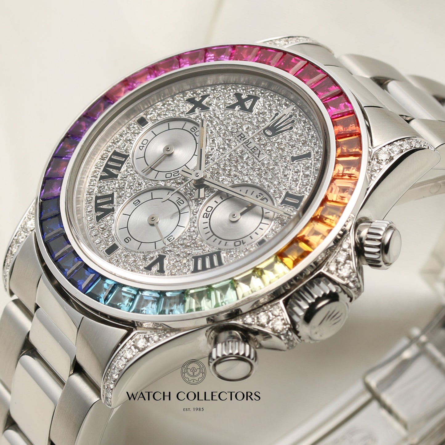 Rolex Zenith Daytona 16520 Stainless Steel with a custom Rainbow Bezel & Pave Diamond Dial & Shoulders