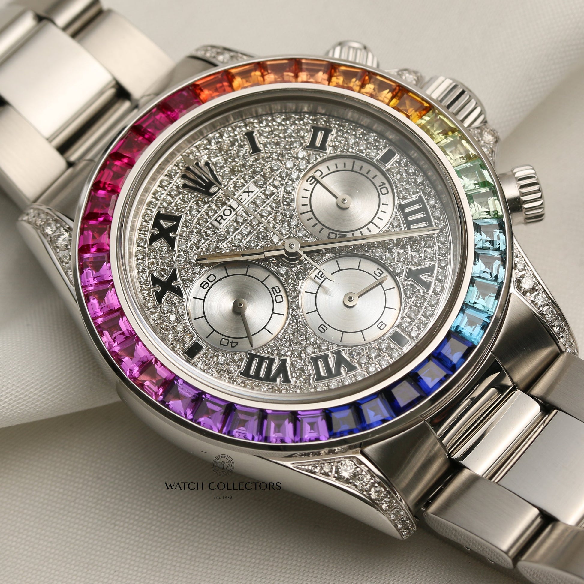 Rolex Zenith Daytona 16520 Stainless Steel with a custom Rainbow Bezel & Pave Diamond Dial & Shoulders