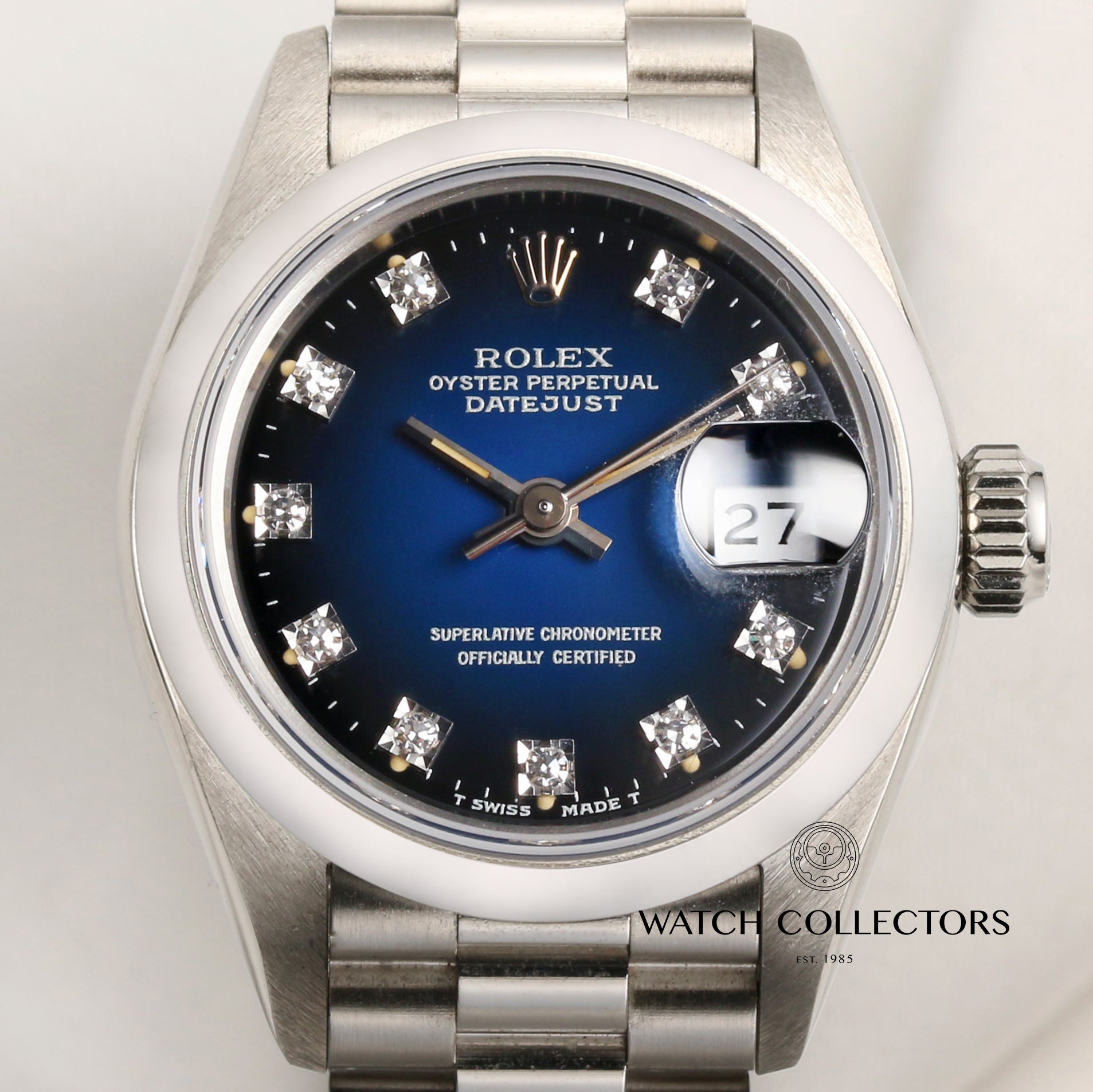 Unworn Factory Rolex Lady DateJust 69166 Platinum Blue Degrading Diamond Dial