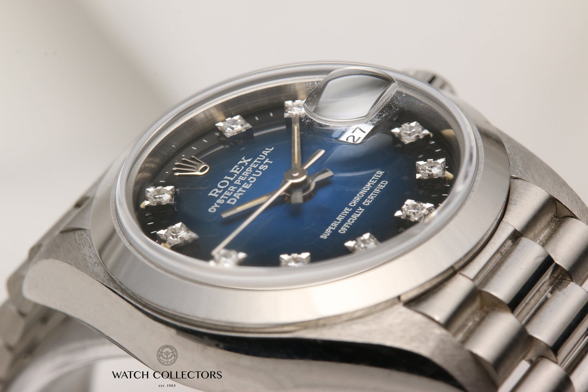 Unworn Factory Rolex Lady DateJust 69166 Platinum Blue Degrading Diamond Dial