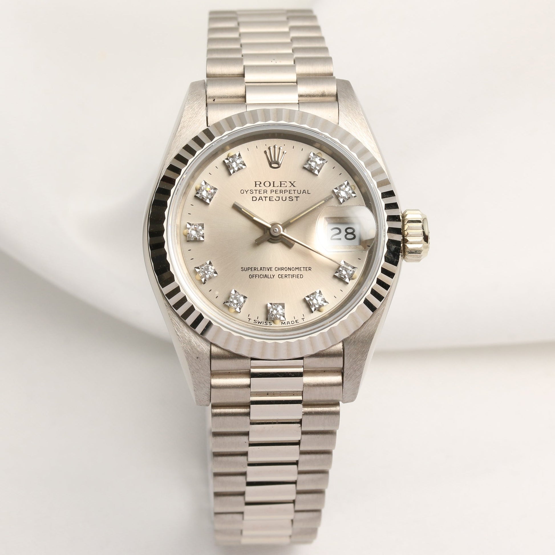 Unworn Factory Rolex Lady DateJust 69179 18K White Gold Silver Diamond Dial