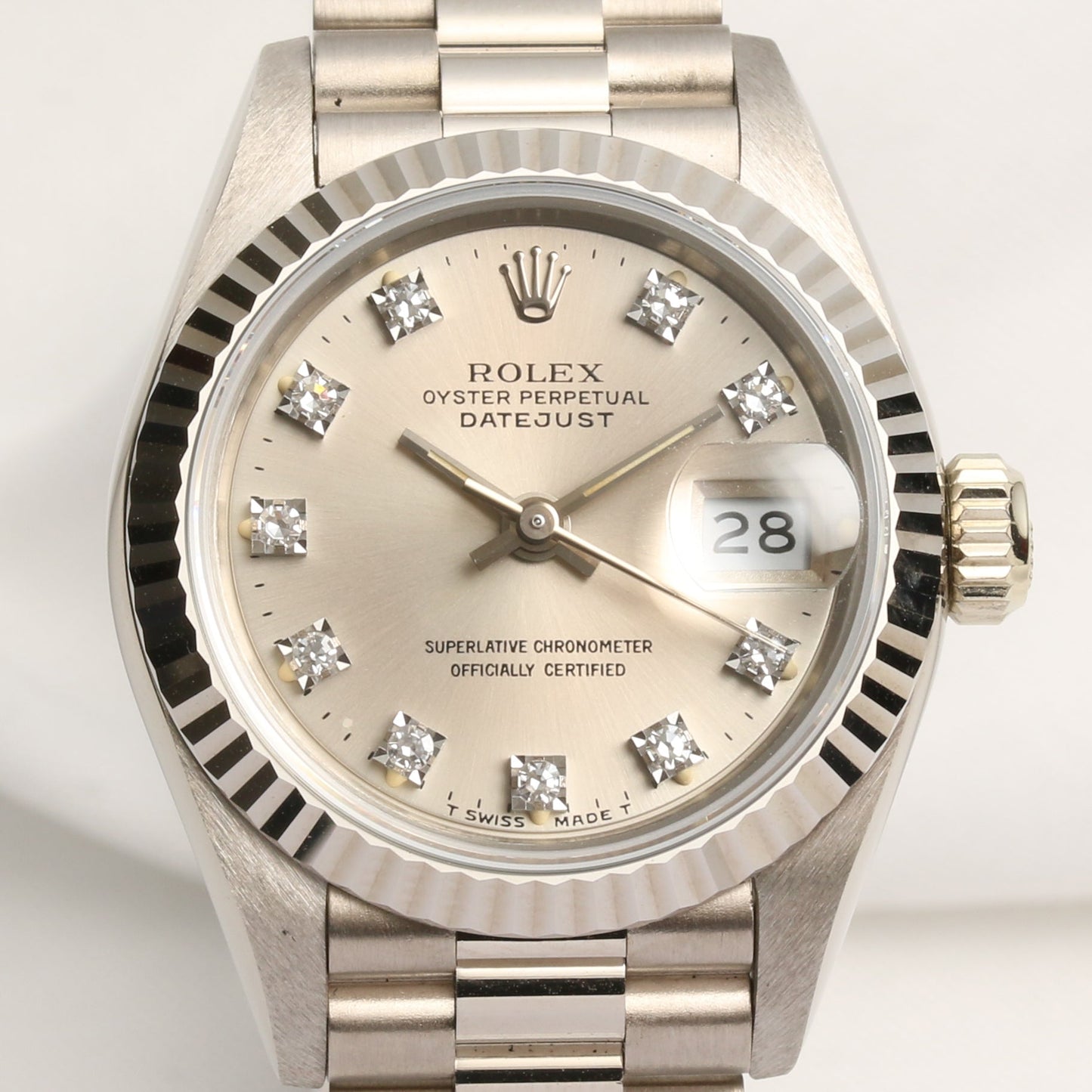 Unworn Factory Rolex Lady DateJust 69179 18K White Gold Silver Diamond Dial