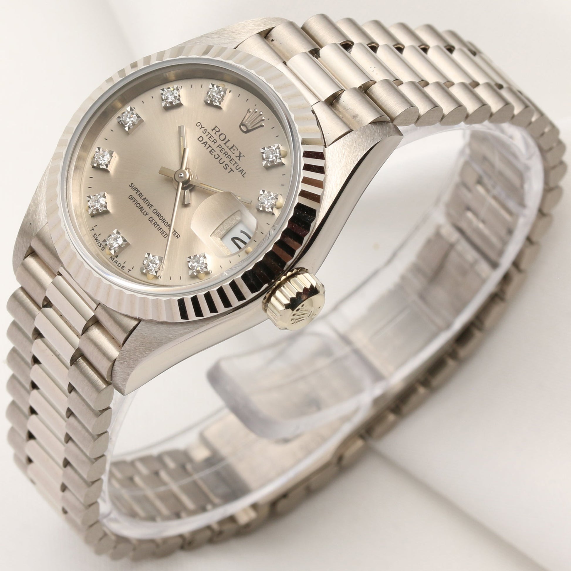 Unworn Factory Rolex Lady DateJust 69179 18K White Gold Silver Diamond Dial