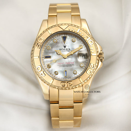 Rolex Yacht-Master Midsize 68628 18k Yellow Gold Mother of Pearl Diamond & Sapphire Dial