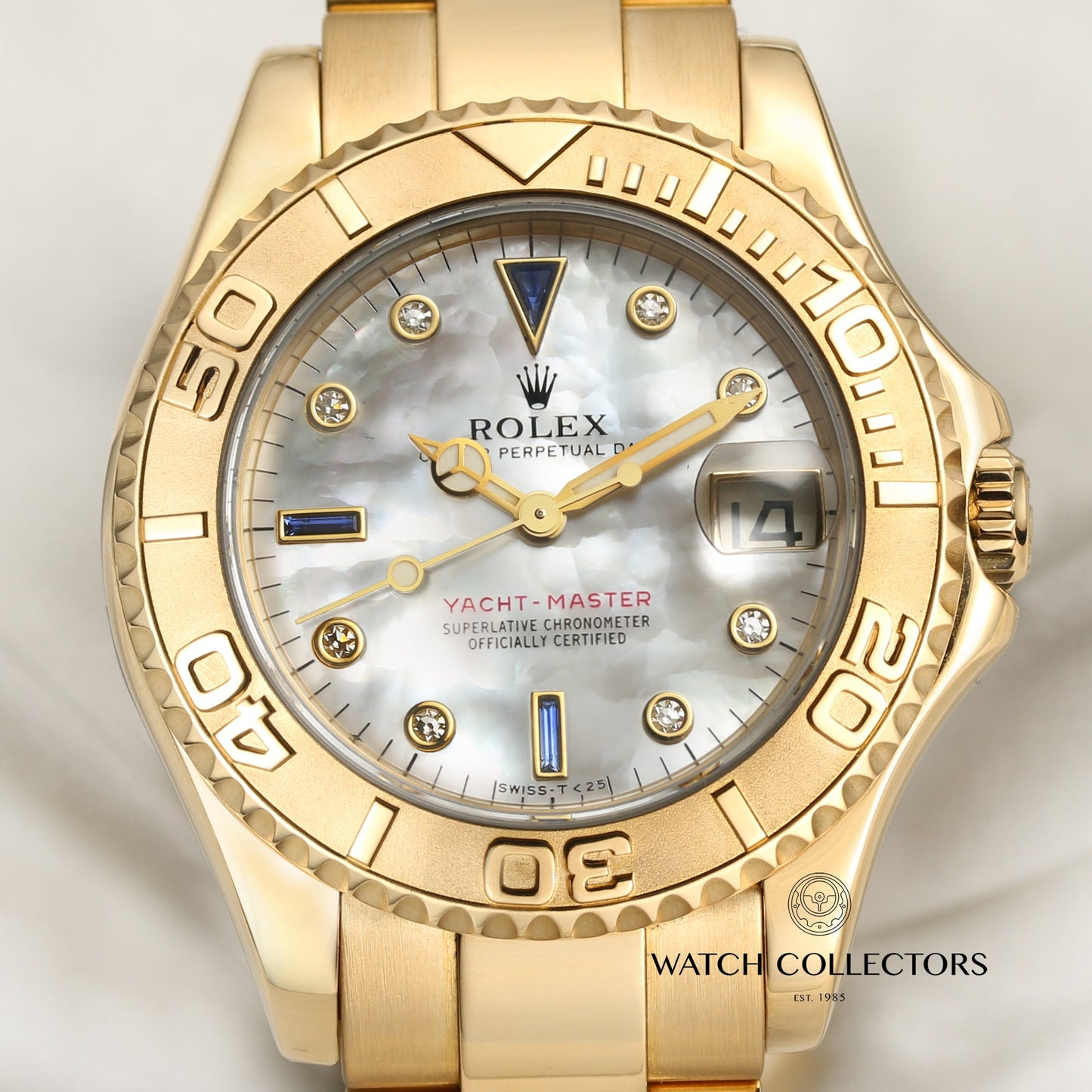 Rolex Yacht-Master Midsize 68628 18k Yellow Gold Mother of Pearl Diamond & Sapphire Dial