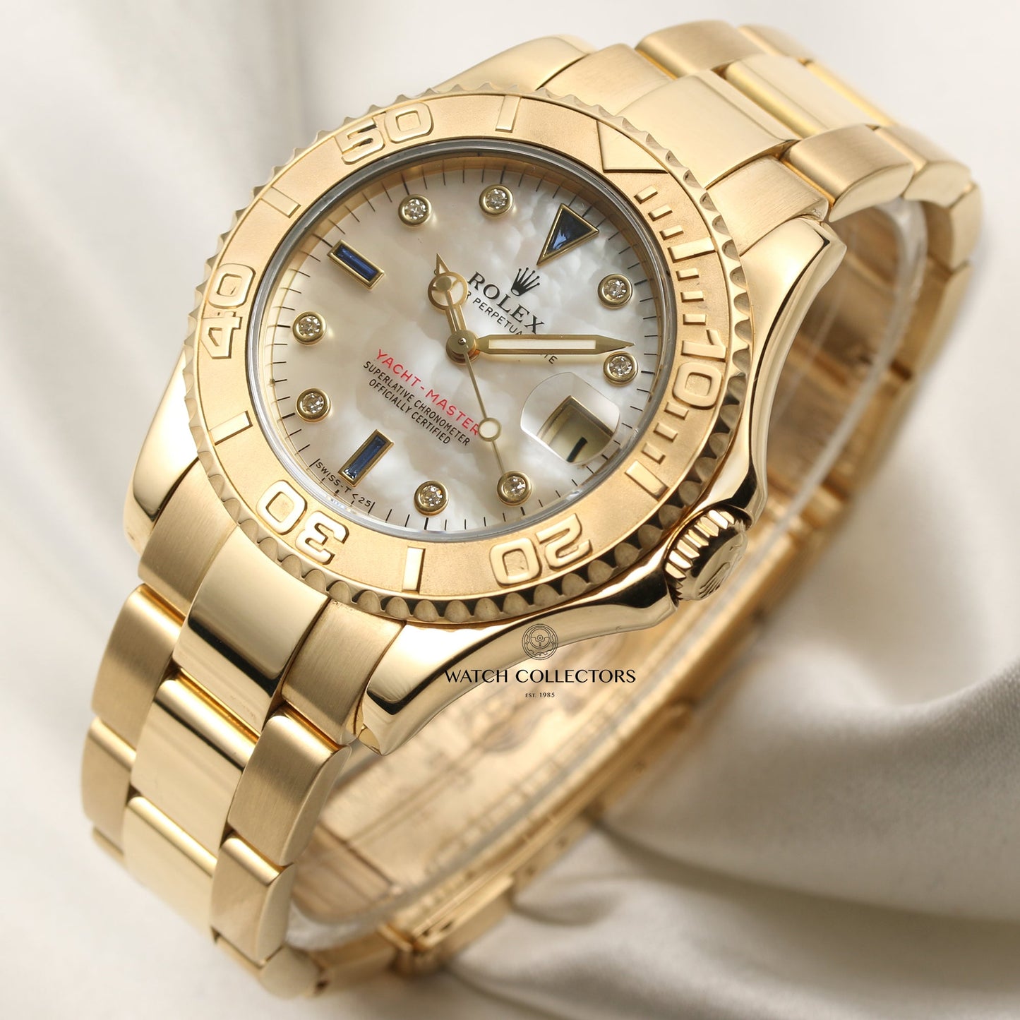 Rolex Yacht-Master Midsize 68628 18k Yellow Gold Mother of Pearl Diamond & Sapphire Dial