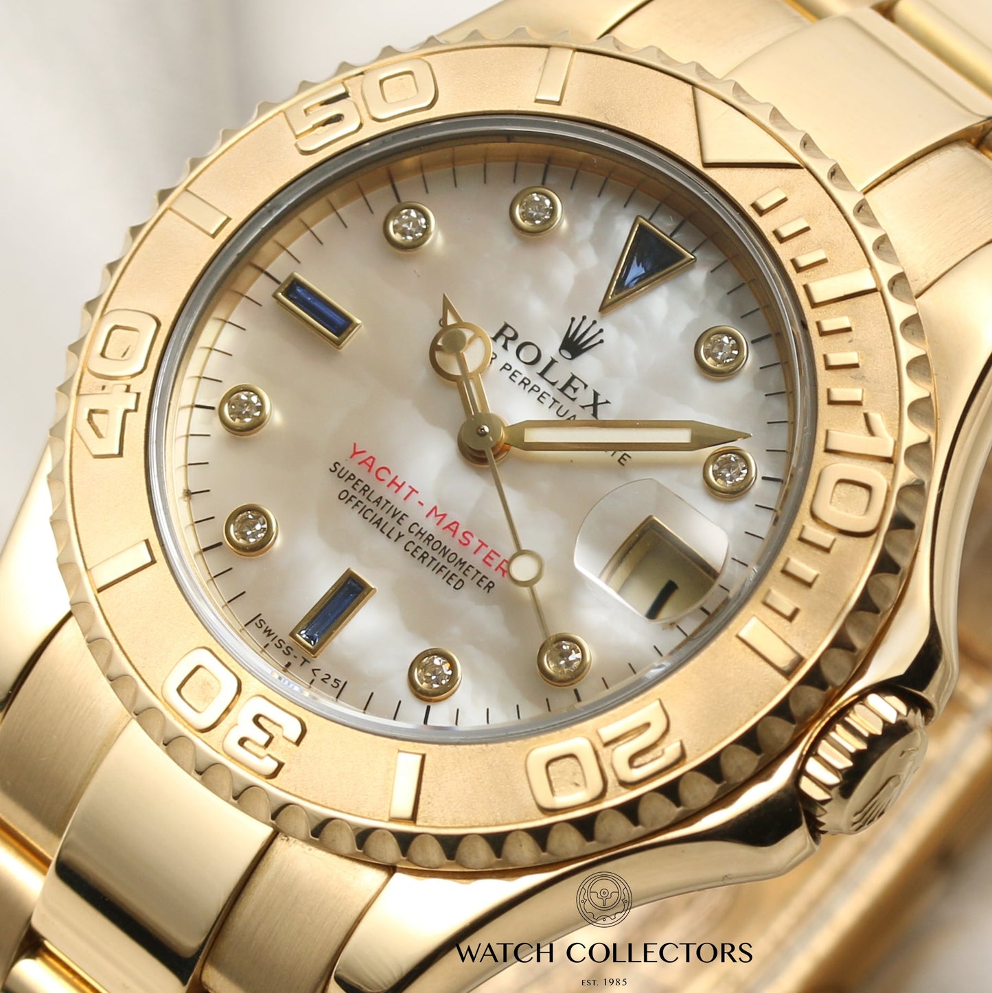 Rolex Yacht-Master Midsize 68628 18k Yellow Gold Mother of Pearl Diamond & Sapphire Dial