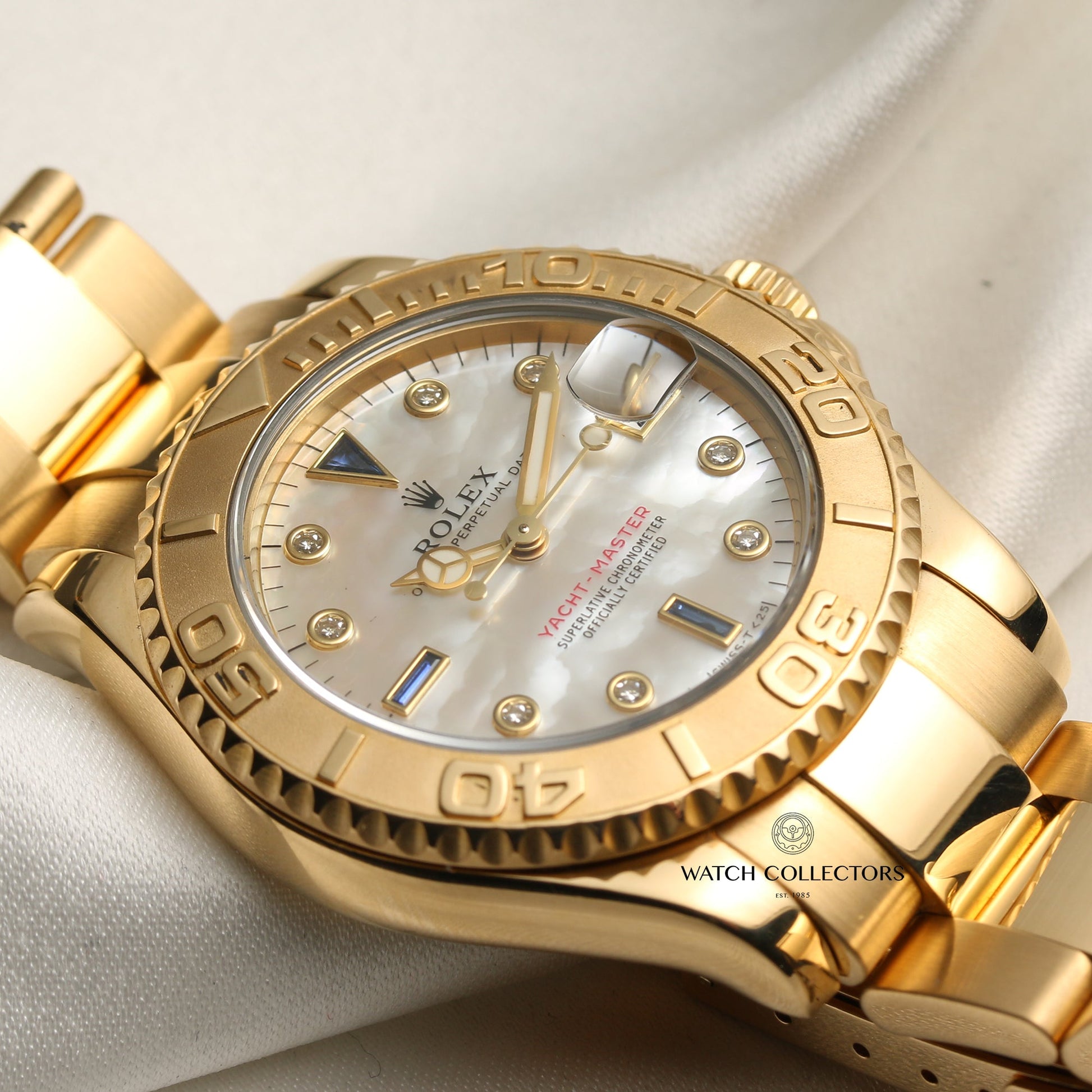 Rolex Yacht-Master Midsize 68628 18k Yellow Gold Mother of Pearl Diamond & Sapphire Dial