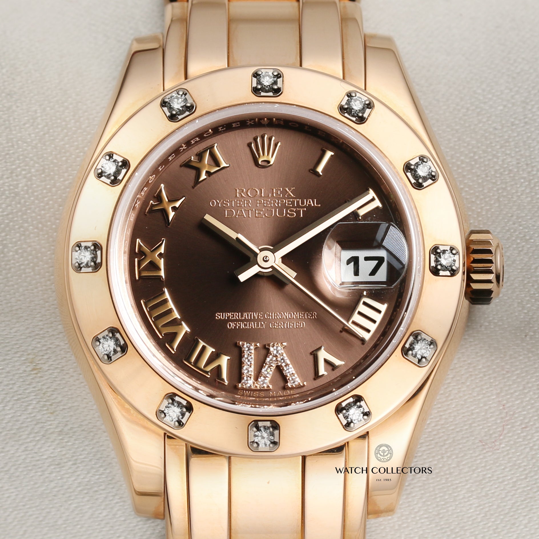 Unworn 2020 Rolex Lady DateJust Pearlmaster 80315 18k Rose Gold Diamond Bezel & 6 o'clock