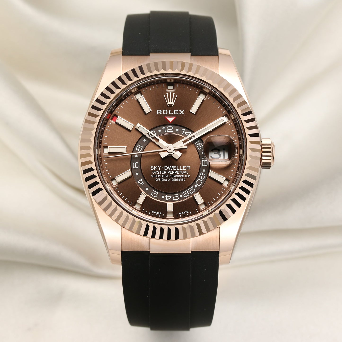 Unworn Rolex Sky-Dweller 326235 18k Rose Gold Chocolate Dial