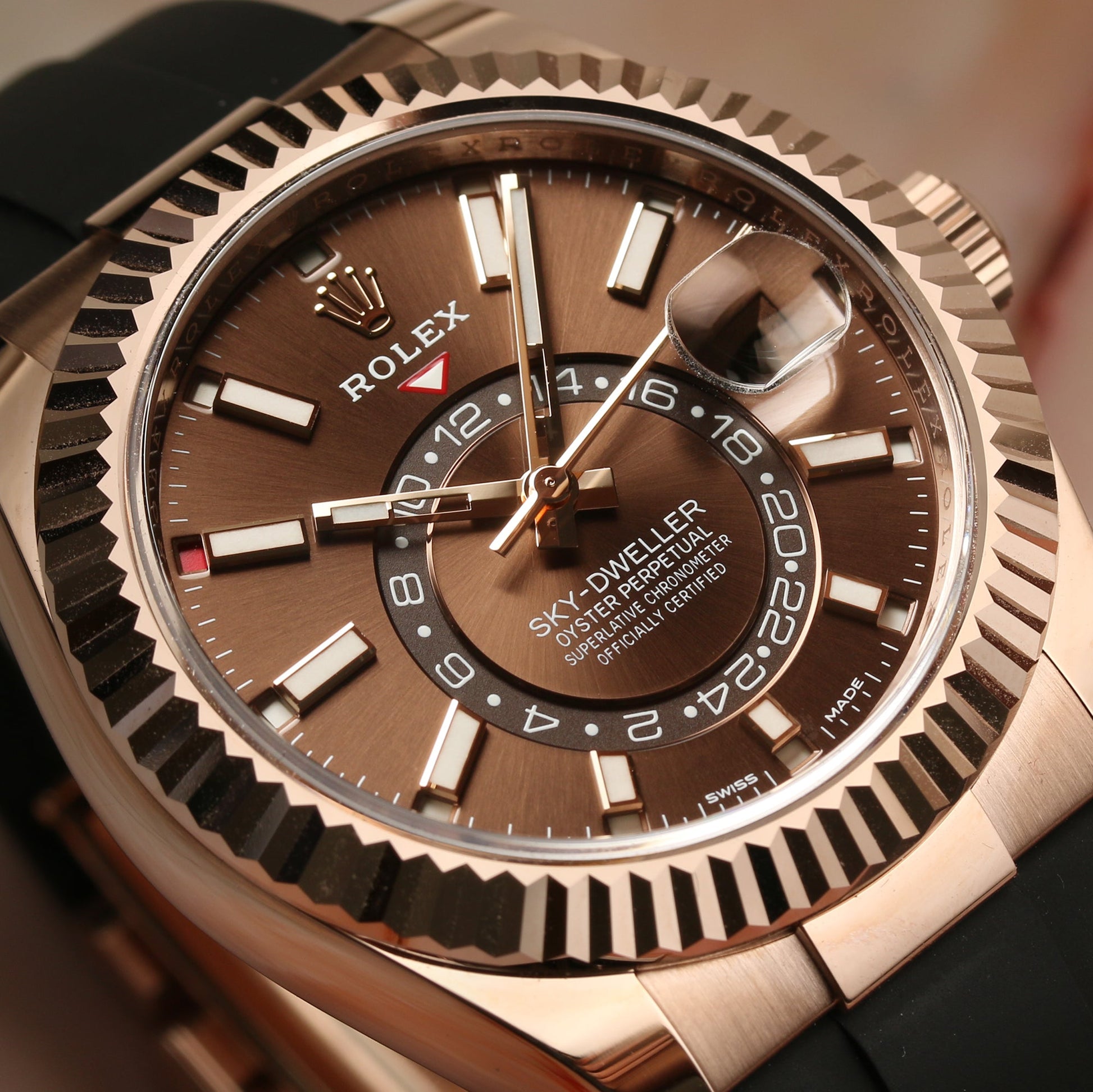 Unworn Rolex Sky-Dweller 326235 18k Rose Gold Chocolate Dial