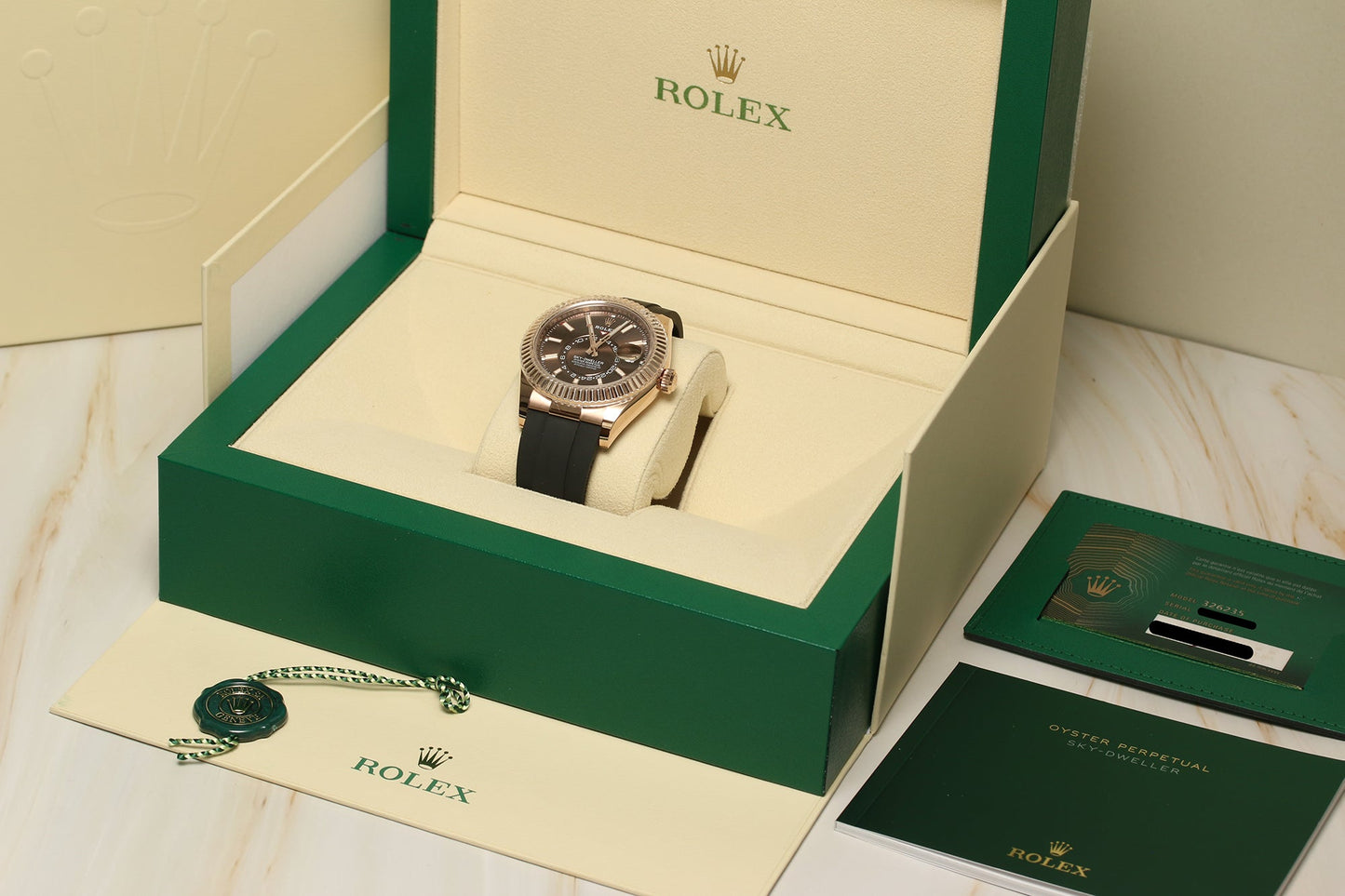 Unworn Rolex Sky-Dweller 326235 18k Rose Gold Chocolate Dial