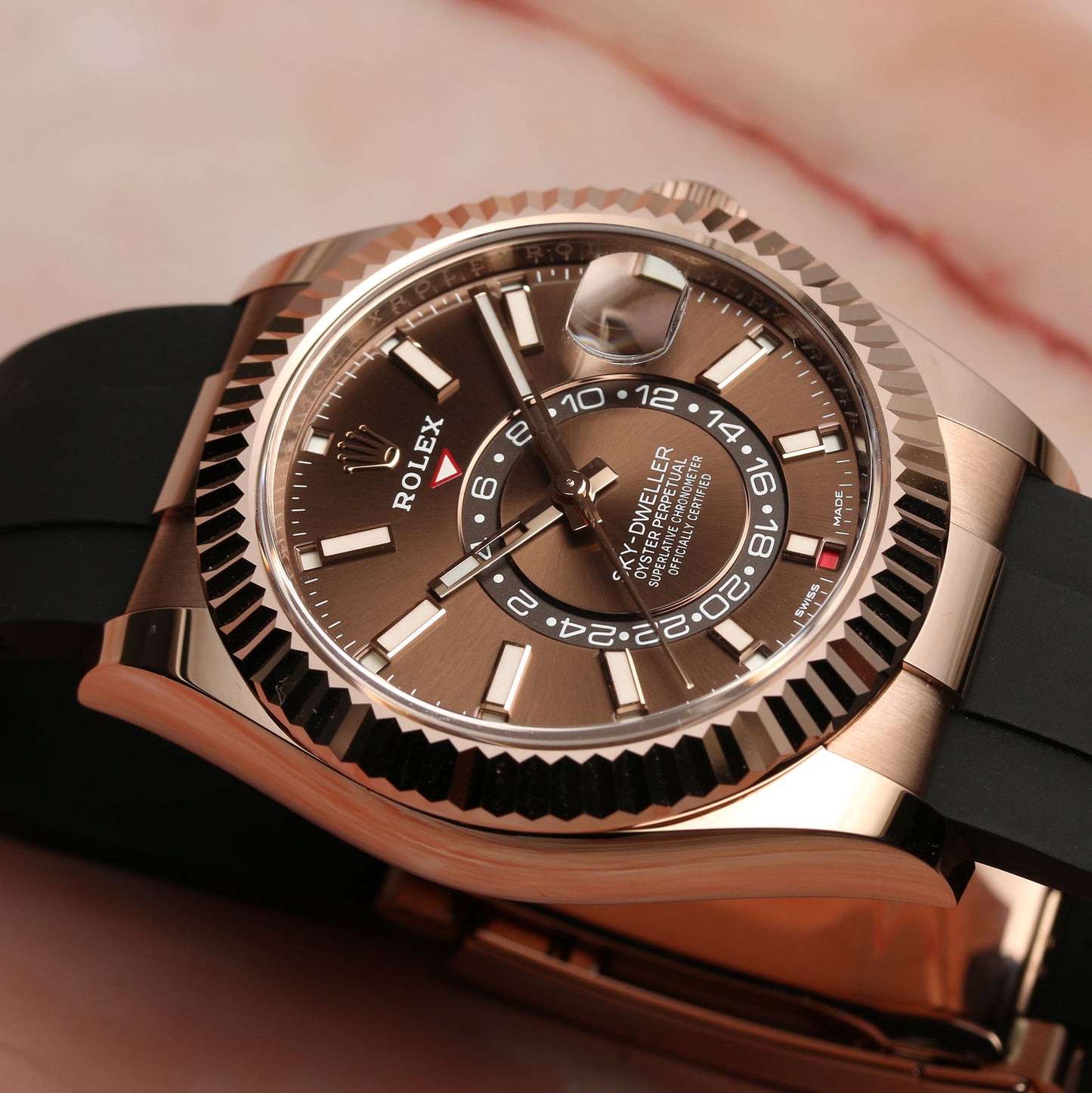 Unworn Rolex Sky-Dweller 326235 18k Rose Gold Chocolate Dial