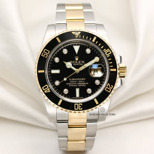 Rolex Submariner Rare Discontinued Factory Diamond Dial 116613LN Stainless Steel & 18k Yellow Gold