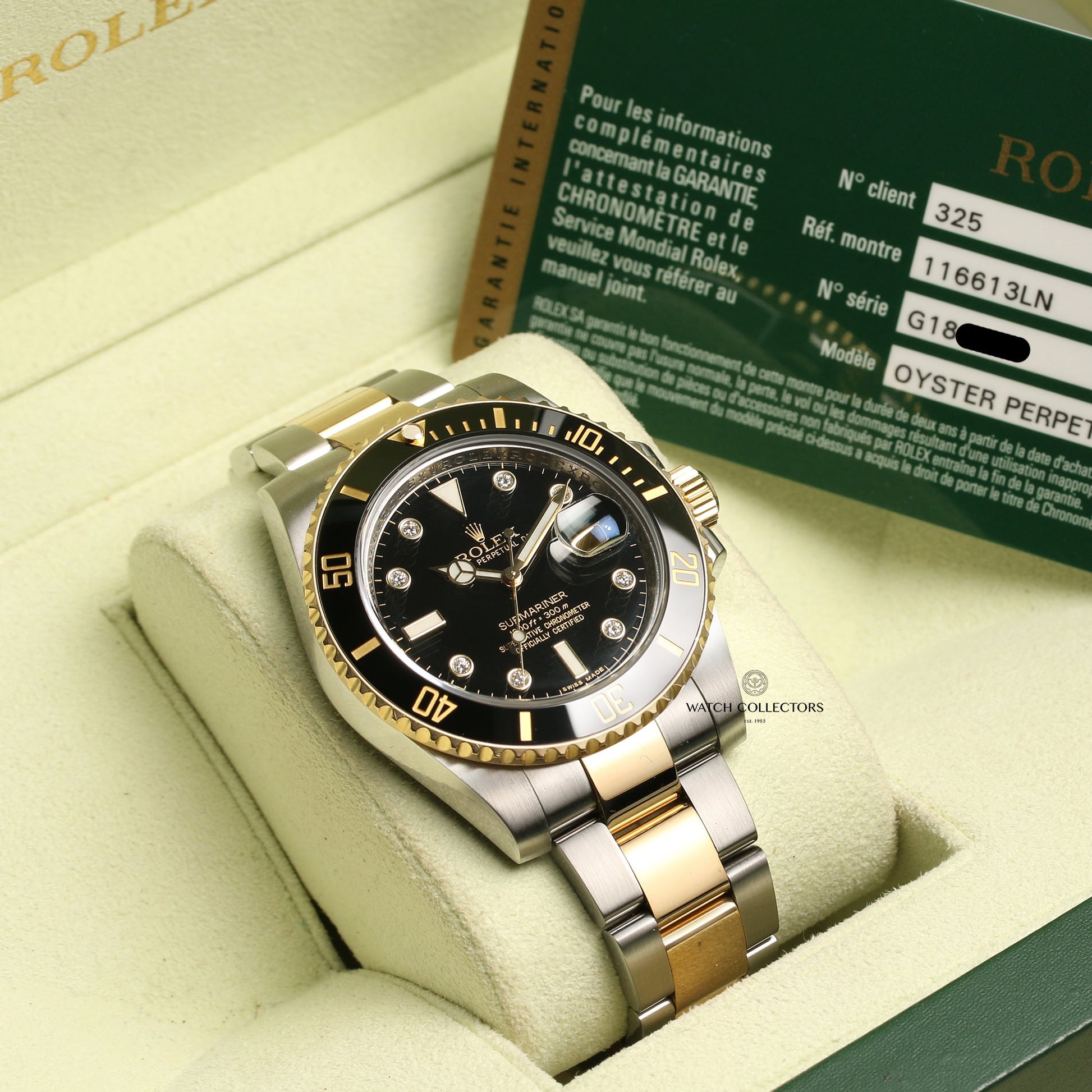 Rolex Submariner Rare Discontinued Factory Diamond Dial 116613LN Stainless Steel & 18k Yellow Gold