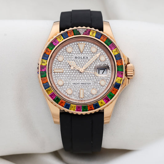 Unworn Rolex Yacht-Master 40mm | Rainbow Gem Bezel | Pave Diamond | Rose Gold | 116695SATS