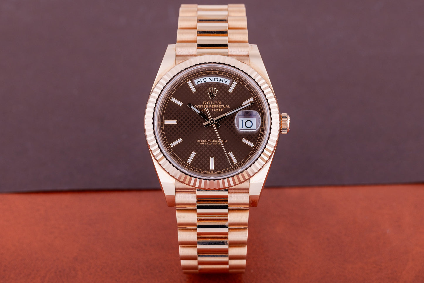 Unworn Rolex Day-Date | REF. 228235 | Chocolate Brown Motif Dial | 18k Rose Gold | 2019 | Box & Papers