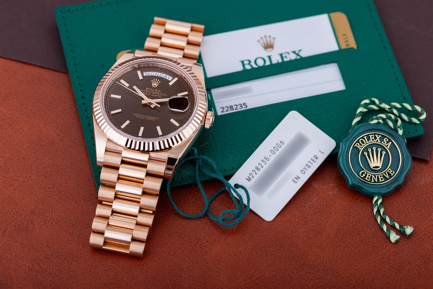 Unworn Rolex Day-Date | REF. 228235 | Chocolate Brown Motif Dial | 18k Rose Gold | 2019 | Box & Papers