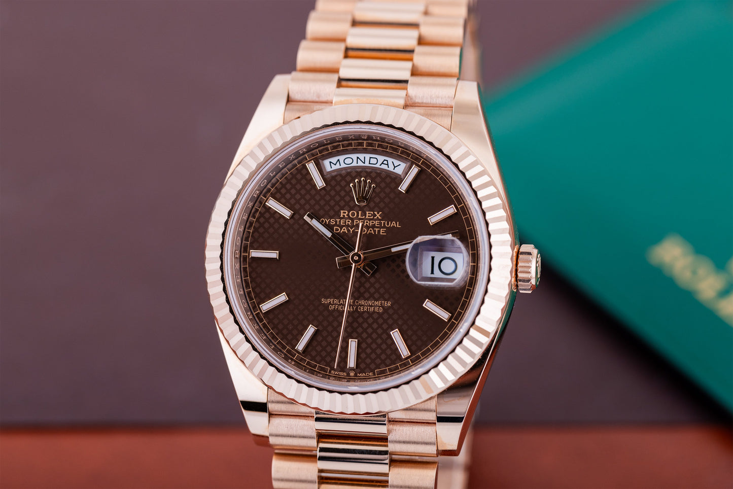 Unworn Rolex Day-Date | REF. 228235 | Chocolate Brown Motif Dial | 18k Rose Gold | 2019 | Box & Papers