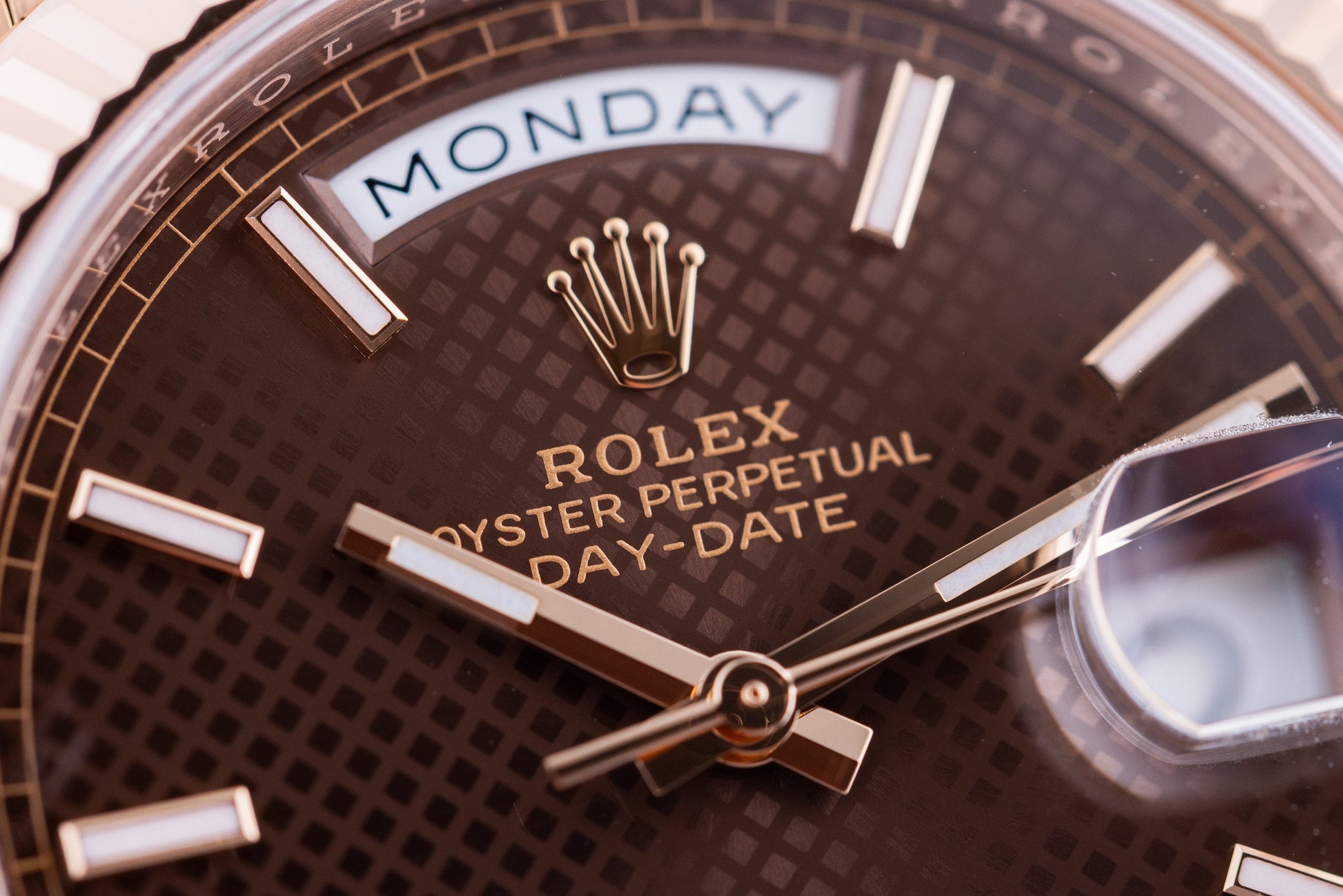 Unworn Rolex Day-Date | REF. 228235 | Chocolate Brown Motif Dial | 18k Rose Gold | 2019 | Box & Papers