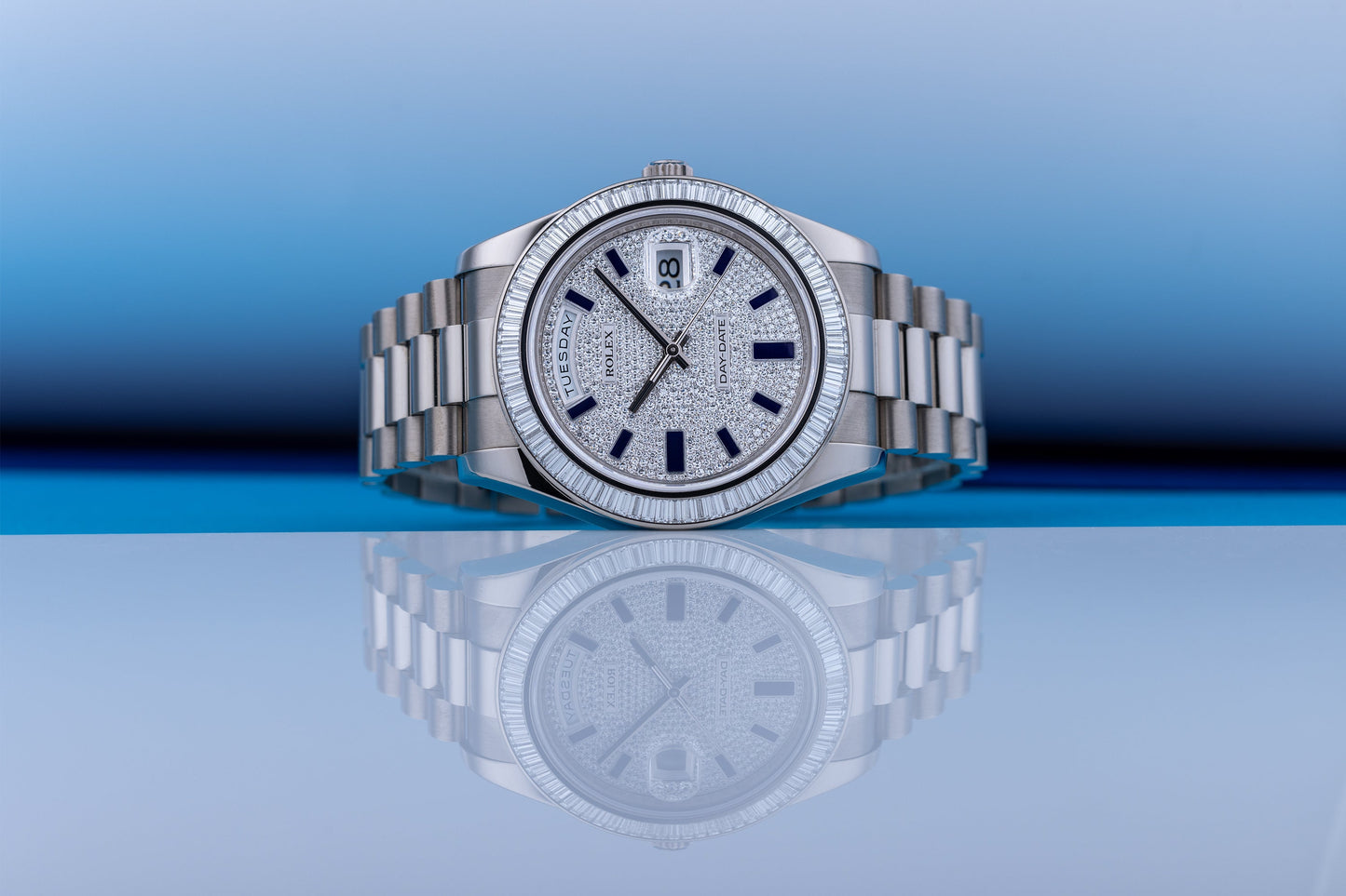 Unworn Rolex Day-Date 41 | REF. 218399BR | Pave Diamond Dial, Blue Enamel Hours | Diamond Baguette Bezel | Box & Papers | 2017 | 18k White Gold