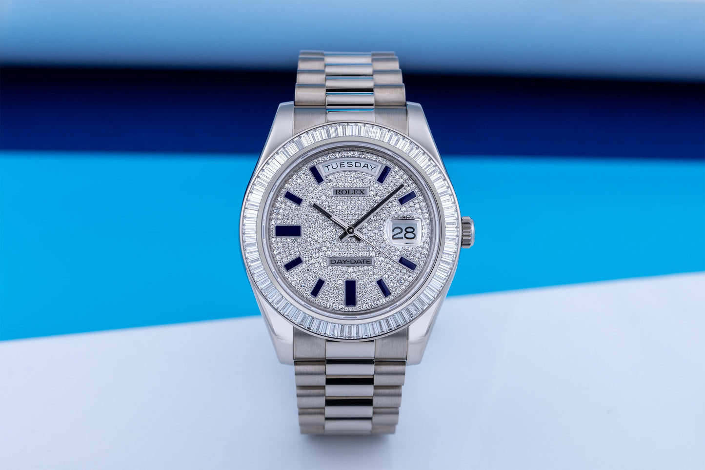 Unworn Rolex Day-Date 41 | REF. 218399BR | Pave Diamond Dial, Blue Enamel Hours | Diamond Baguette Bezel | Box & Papers | 2017 | 18k White Gold