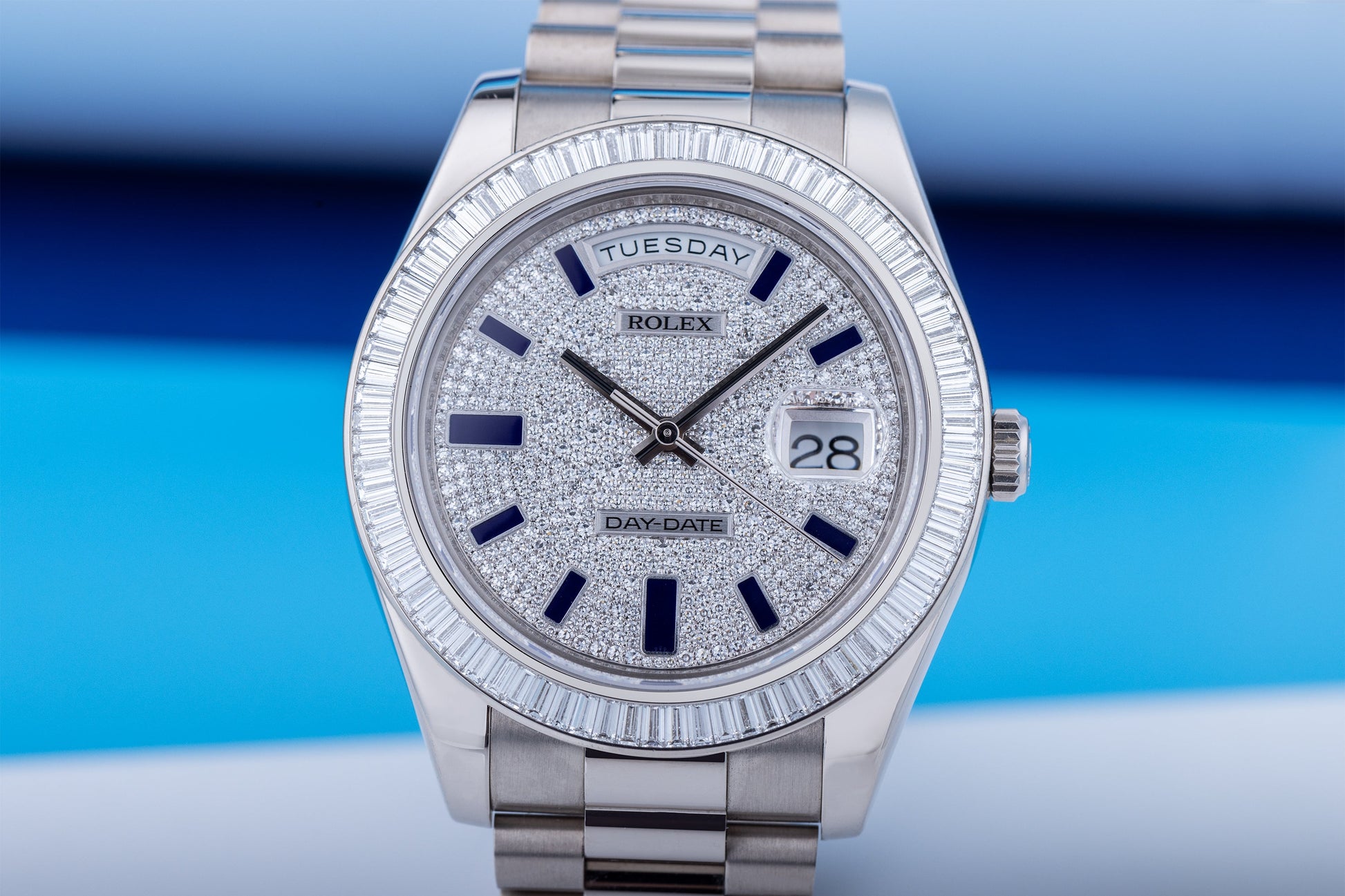 Unworn Rolex Day-Date 41 | REF. 218399BR | Pave Diamond Dial, Blue Enamel Hours | Diamond Baguette Bezel | Box & Papers | 2017 | 18k White Gold