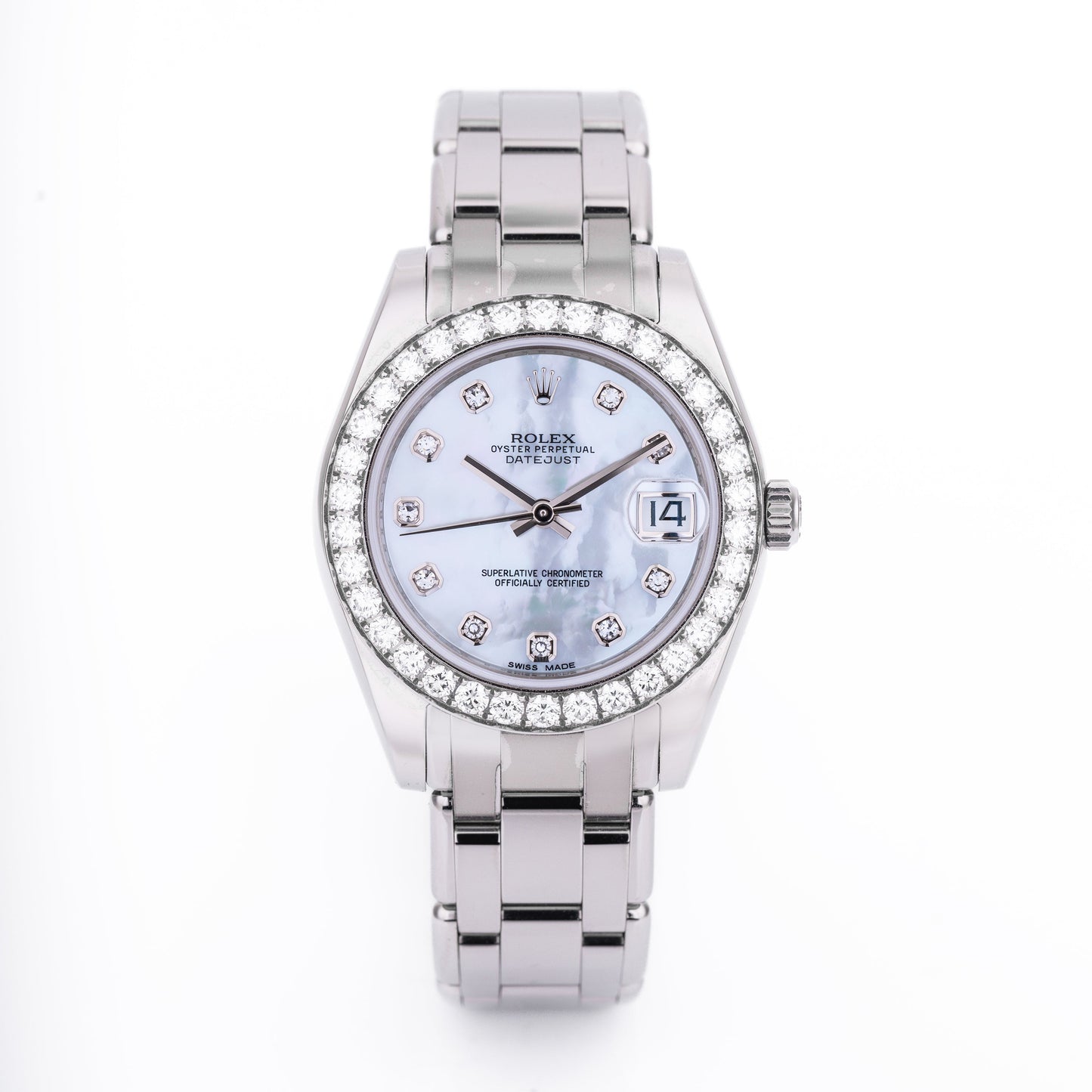 Unworn Rolex DateJust Pearlmaster 34 | REF. 81299 | 18k White Gold | Mother of Pearl Dial | Diamond Hours & Bezel | Box & Papers | 2019