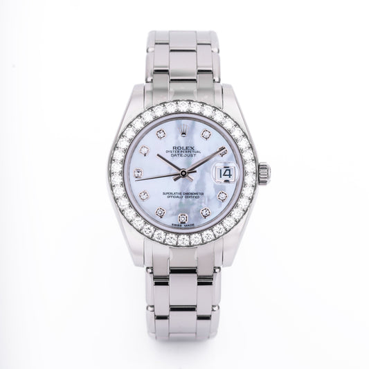 Unworn Rolex DateJust Pearlmaster 34 | REF. 81299 | 18k White Gold | Mother of Pearl Dial | Diamond Hours & Bezel | Box & Papers | 2019