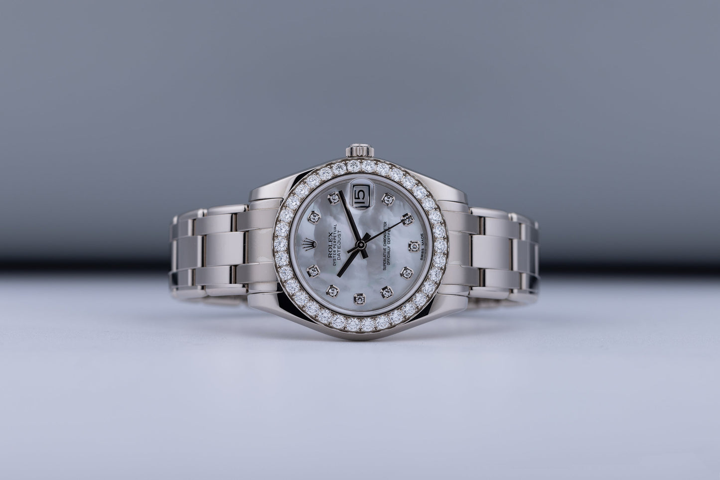 Unworn Rolex DateJust Pearlmaster 34 | REF. 81299 | 18k White Gold | Mother of Pearl Dial | Diamond Hours & Bezel | Box & Papers | 2019