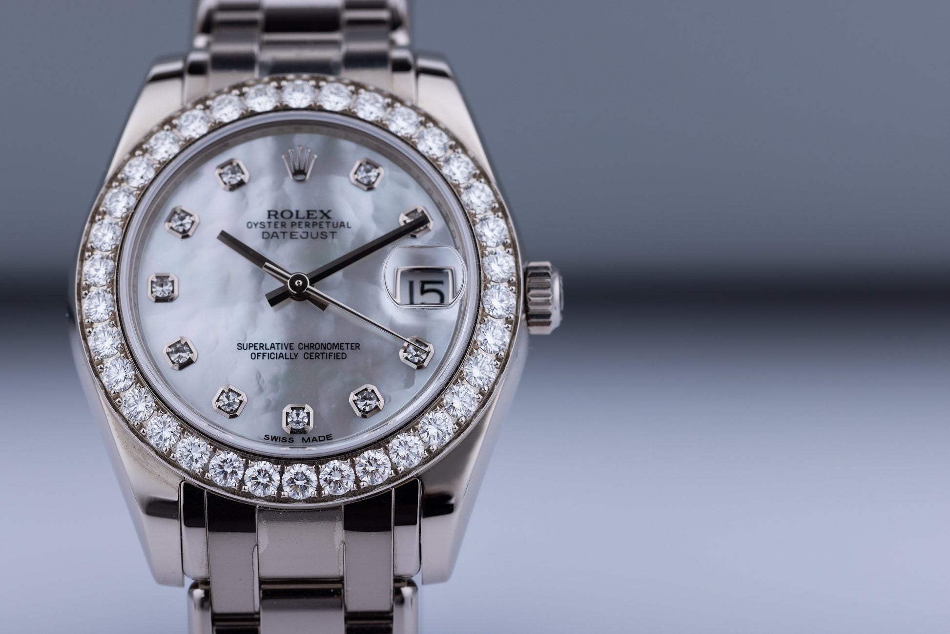 Unworn Rolex DateJust Pearlmaster 34 | REF. 81299 | 18k White Gold | Mother of Pearl Dial | Diamond Hours & Bezel | Box & Papers | 2019