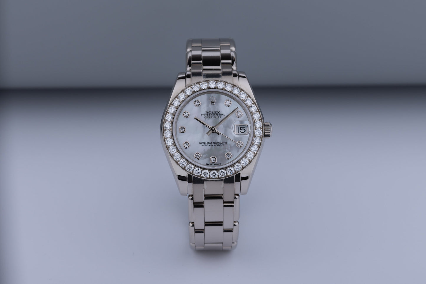 Unworn Rolex DateJust Pearlmaster 34 | REF. 81299 | 18k White Gold | Mother of Pearl Dial | Diamond Hours & Bezel | Box & Papers | 2019