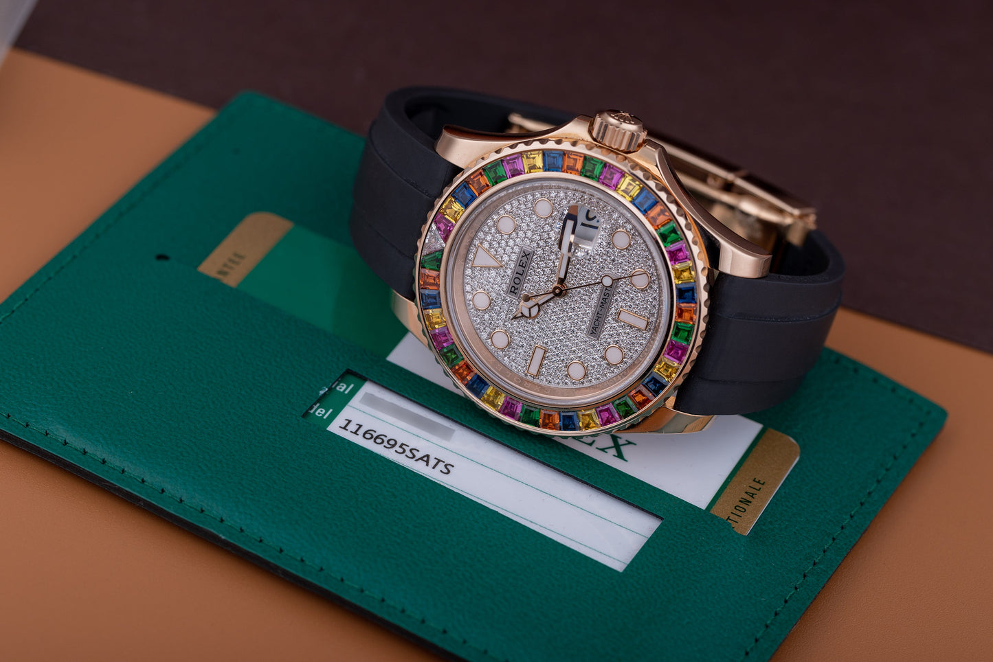 Unworn Rolex Yacht-Master 40 | REF. 116695SATS | Rainbow Gemstone Bezel | Pave Diamond Dial | Box & Papers | 18k Rose Gold | 2018