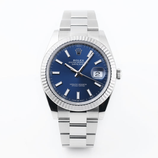 Unworn Rolex DateJust 41 | REF. 126334 | Blue Dial | Box & Papers | 2021 | Stainless Steel & 18k White Gold Bezel